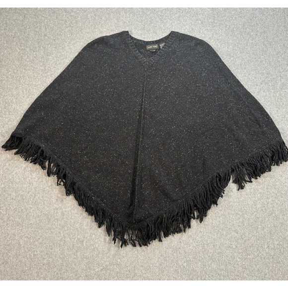 Jeanne Pierre Shawl Poncho Black Pullover Sweater Women's Small Fringe V-Neck - Picture 1 of 4